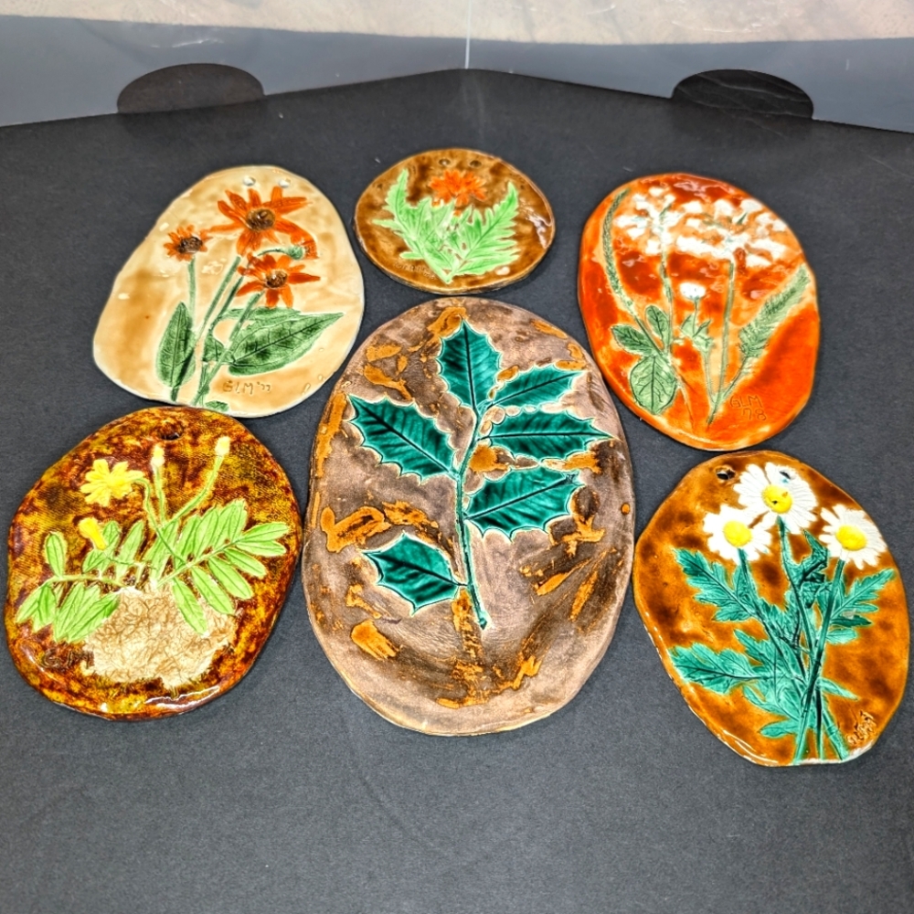 Handcrafted signed vintage 70s‎ plaster plant life imprint glazed wall plaques 6